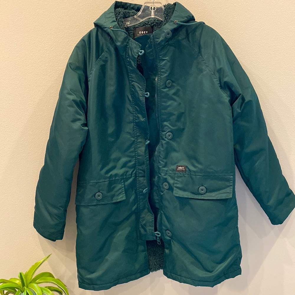 Sage Green women’s Foxtrot Obey Worldwide quilted faux fur lined jacket
